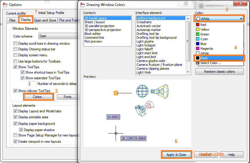 autocad,  thay đổi mầu nền, mầu của autocad